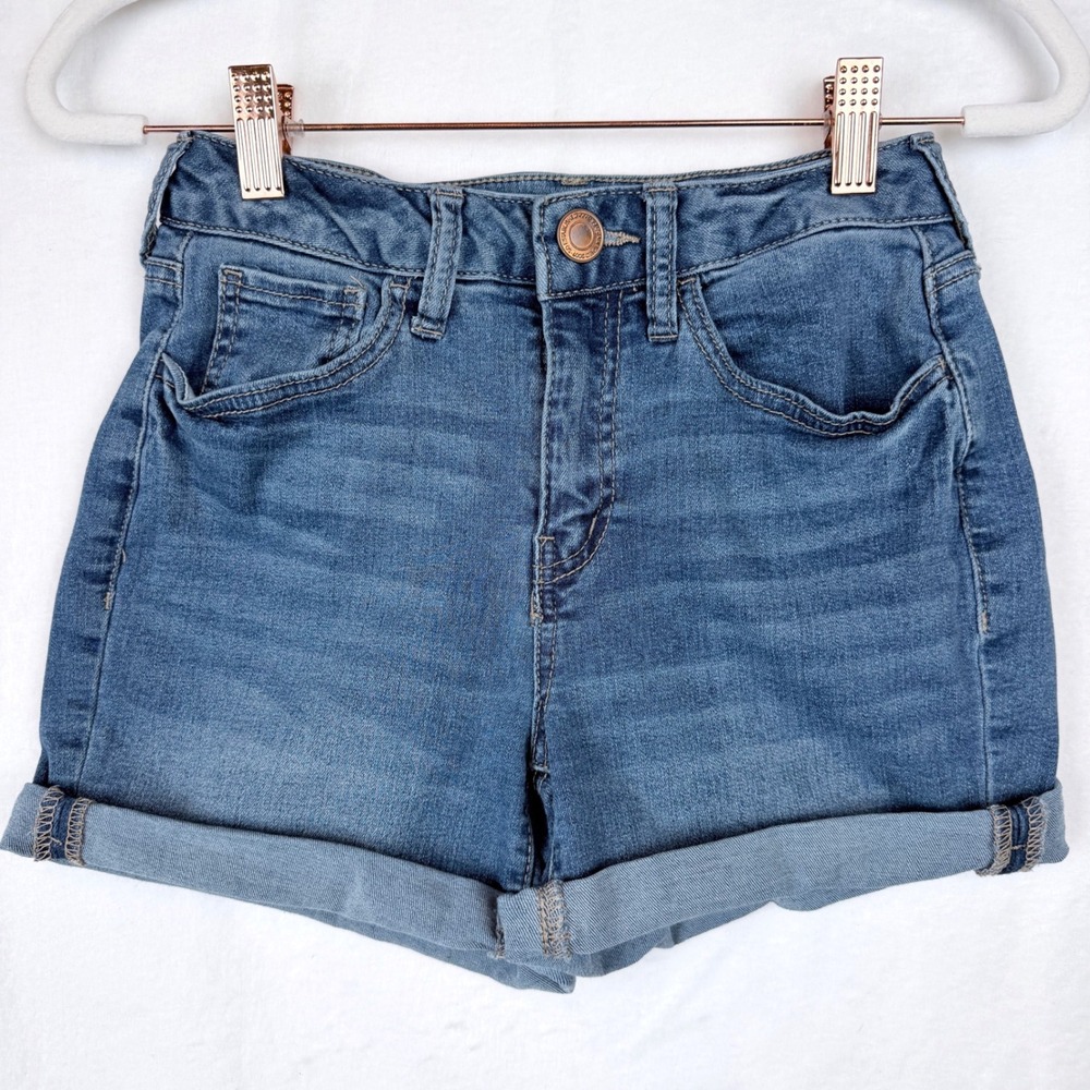 SO 1/25 Light Wash High Rise Curvy Midi Cuffed Denim Shorts Womens Stretch